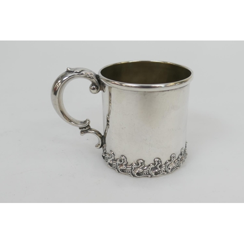 127 - Sterling silver christening tankard, probably American circa 1920, straight sided form with a band o... 