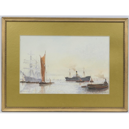 253 - Frank William Scarbrough (1860-1939), Greenwich Reach, watercolour, signed, dated and titled, 26cm x... 