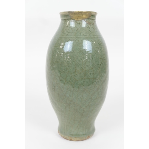 27 - Chinese celadon vase, Ming Dynasty (1368-1644), ovoid form with carved lingzhi and trellis design un... 