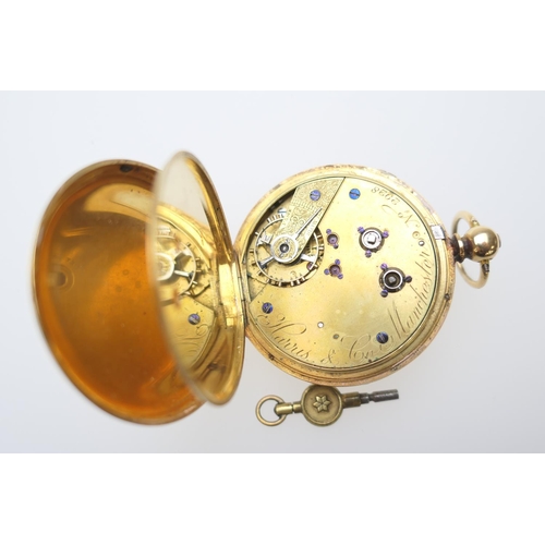 373 - Victorian 18ct gold open faced pocket watch, London 1870, engine turned case, white enamelled dial w... 