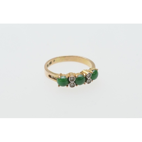 394 - Cabochon jade and diamond ring, in 14ct yellow gold, three cabochon jades dispersed with four tiny i... 