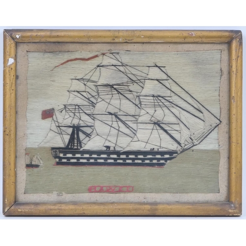 488 - Victorian woolwork ship portrait of HMS Hawke, framed, 25cm x 33cm; also a similar tapestry ship por... 