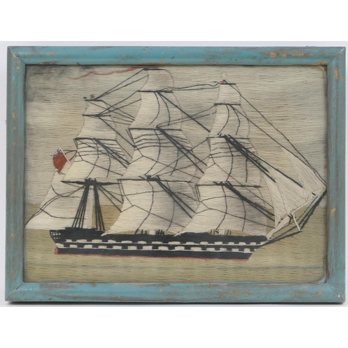 488 - Victorian woolwork ship portrait of HMS Hawke, framed, 25cm x 33cm; also a similar tapestry ship por... 