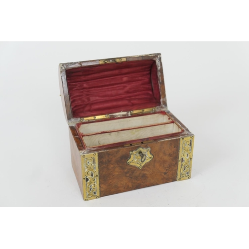 547 - Victorian brass mounted burr walnut stationery casket, domed form opening to a comparted interior, w... 