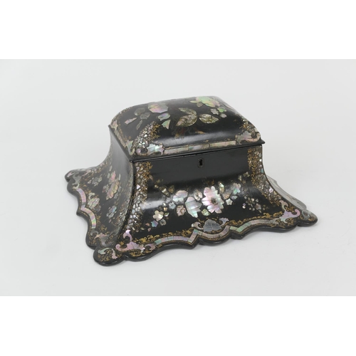 574 - Unusual Victorian papier mache tea caddy, circa 1860, the hinged cover opening to two caddy covers, ... 