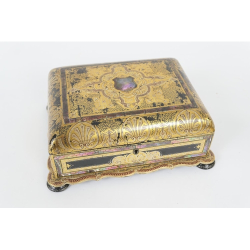 575 - Victorian gilded papier mache jewellery box, circa 1850, decorated with anthemion and with mother of... 