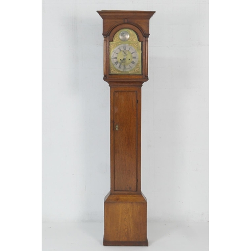 651 - Provincial oak longcase clock, 12'' brass arched dial with silvered chapter ring and Old Father Time... 