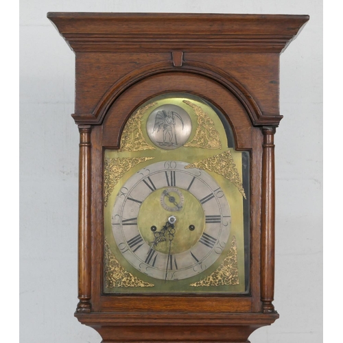 651 - Provincial oak longcase clock, 12'' brass arched dial with silvered chapter ring and Old Father Time... 