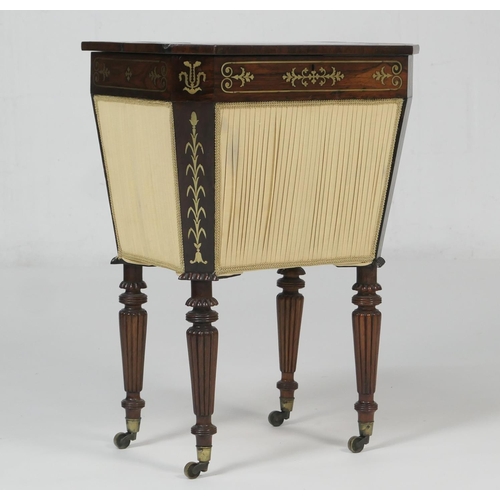 653 - George IV rosewood and brass inlaid decanter stand or sewing box, circa 1825, the top with canted co... 