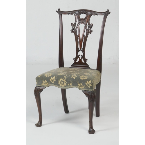 655 - Quality Irish Chippendale Revival carved mahogany side chair, floral moquette stuffover seat with sc... 