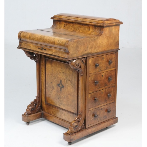 674 - Victorian burr walnut and inlaid harlequin davenport, having a pull up stationery compartment (mecha... 