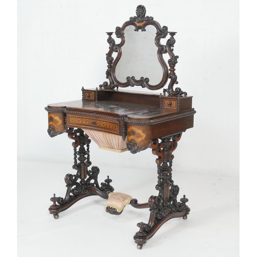 675 - Exhibition quality French rosewood and inlaid lady's vanity table, circa 1860, having a shaped mirro... 