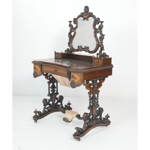 675 - Exhibition quality French rosewood and inlaid lady's vanity table, circa 1860, having a shaped mirro... 