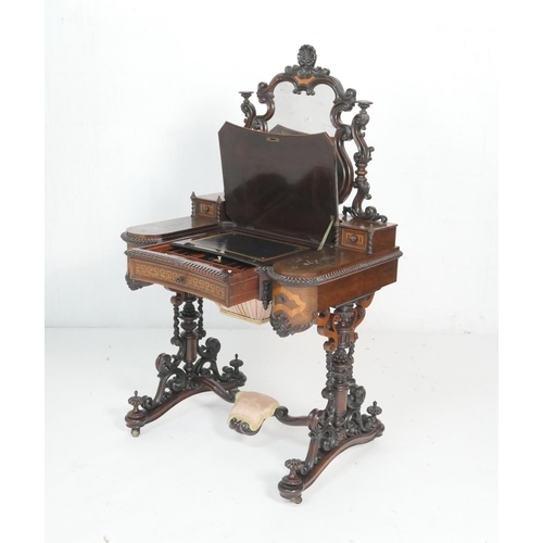 675 - Exhibition quality French rosewood and inlaid lady's vanity table, circa 1860, having a shaped mirro... 