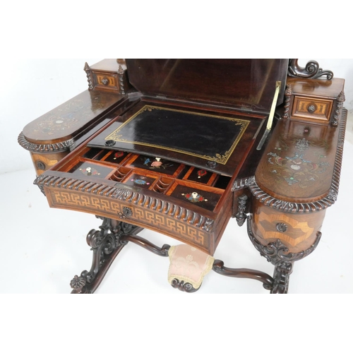 675 - Exhibition quality French rosewood and inlaid lady's vanity table, circa 1860, having a shaped mirro... 