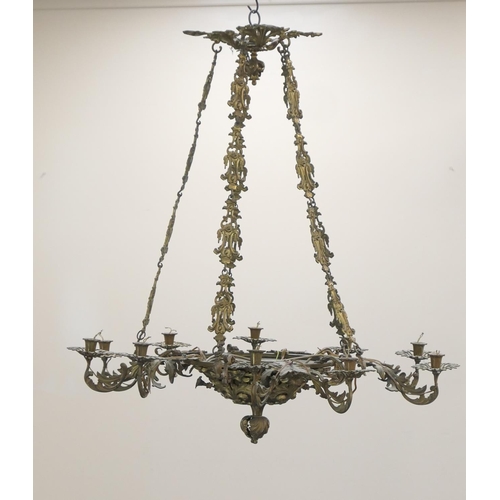 676 - French gilt brass ten branch chandelier, late 19th/early 20th Century, cast throughout with acanthus... 