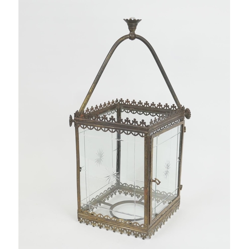 678 - Edwardian brass and cut glass hall lantern, the glass panels centred with a star cut, 66cm drop, 26c... 