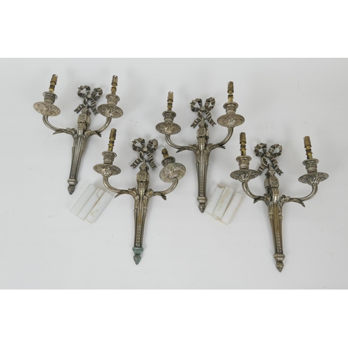 682 - Set of four French silver plated and ormolu twin branch wall lights, late 19th Century, 40cm x 28cm