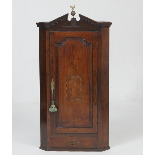 683 - George III mahogany and inlaid hanging corner cupboard, circa 1790, with architectural broken dentil... 