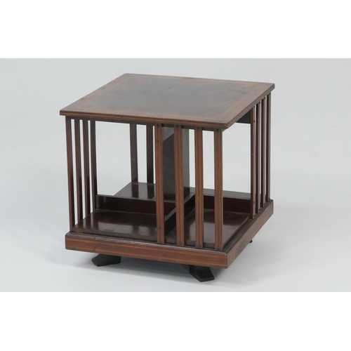 684 - Late Victorian mahogany and satinwood banded revolving bookstand, square form with slat sides and cr... 