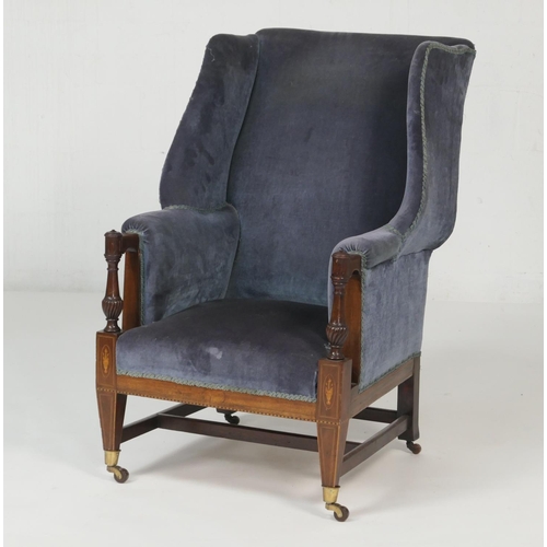 689 - Victorian mahogany upholstered wing armchair, blue fabric upholstered back and seat, turned reeded b... 