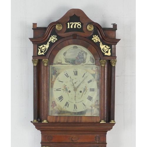 691 - James Lomax, Blackburn, a mahogany and inlaid eight day longcase clock, the hood with verre eglomise... 