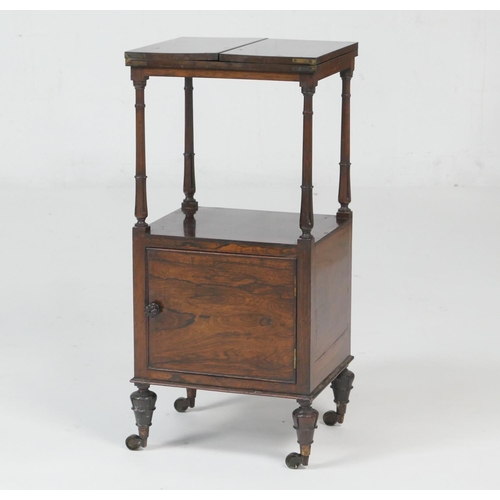 696 - William IV rosewood washstand, square folding top on turned and tulip carved slender columns with po... 