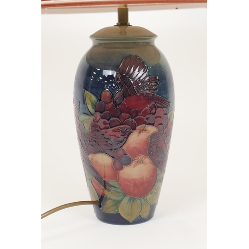 7 - Moorcroft finches and berries ovoid table lamp, complete with shade, height to the top of the shade ... 