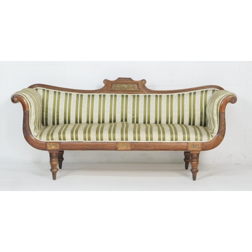 702 - Late Regency mahogany and brass inlaid double scroll end settee, the reeded top rail centred with a ... 