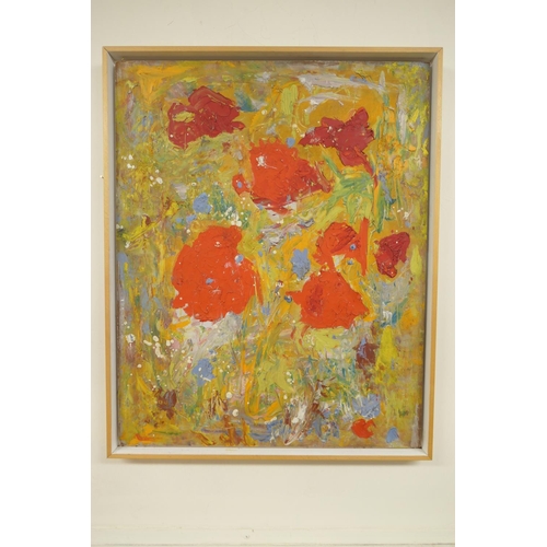 331 - In the manner of Frederick Gore (1913-2009), Poppies, a study, oil on board, bearing a signature ver... 