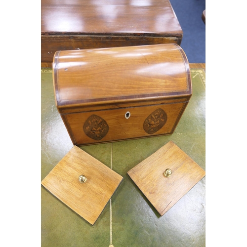 513 - George III satinwood and inlaid tea caddy, circa 1790, of domed casket form, the front panel inlaid ... 