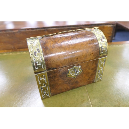 547 - Victorian brass mounted burr walnut stationery casket, domed form opening to a comparted interior, w... 