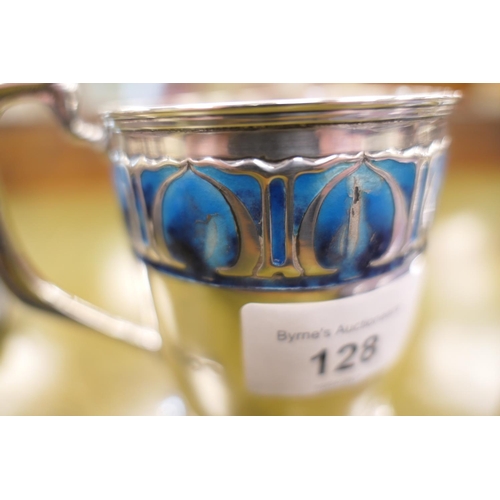 128 - Edwardian silver and enamelled christening tankard, by William Hutton and Sons, London 1902, ovoid f... 