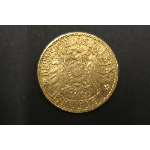 369 - German Colonies, German East Africa 15 Rupees, 1916/T (Tabora) gold coin (VF), 22mm diameter, weight... 