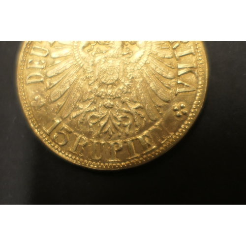 369 - German Colonies, German East Africa 15 Rupees, 1916/T (Tabora) gold coin (VF), 22mm diameter, weight... 