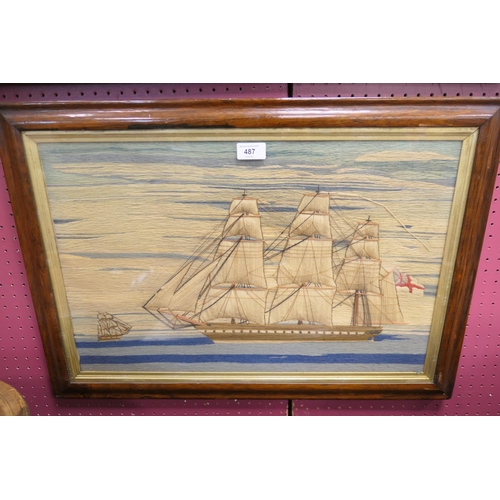 487 - Victorian woolwork tapestry featuring an English clipper on calm seas, within a contemporary rosewoo... 