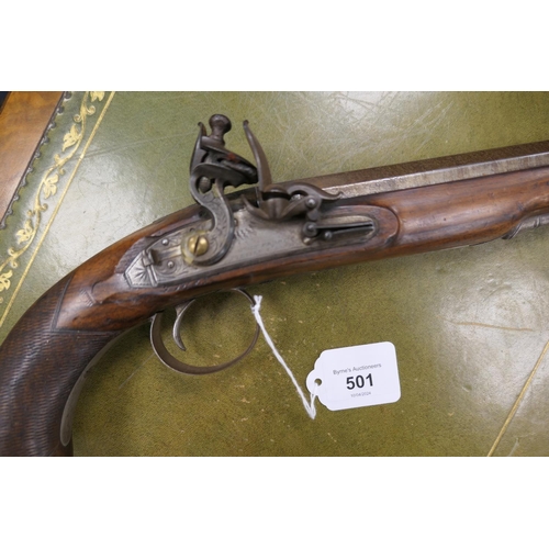 501 - John Probin, London, flintlock pistol, .70 calibre with 9'' octagonal damascus barrel, chequered wal... 