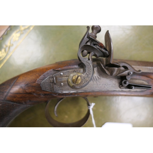 501 - John Probin, London, flintlock pistol, .70 calibre with 9'' octagonal damascus barrel, chequered wal... 