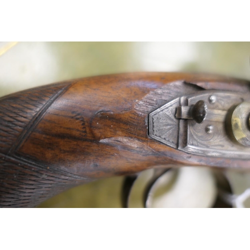 501 - John Probin, London, flintlock pistol, .70 calibre with 9'' octagonal damascus barrel, chequered wal... 