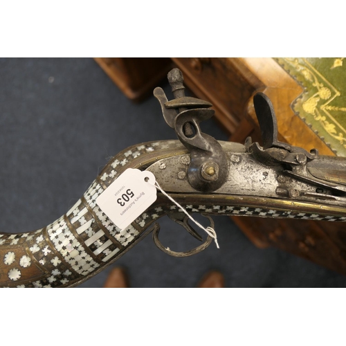 503 - Afghan flintlock Jezail, 45.5'' barrel, East India Company lock, the forend and stock inlaid through... 