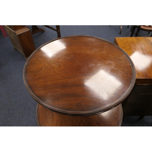 686 - George III mahogany dumb waiter, pedestal form with two circular moulded edge shelves, on a turned a... 