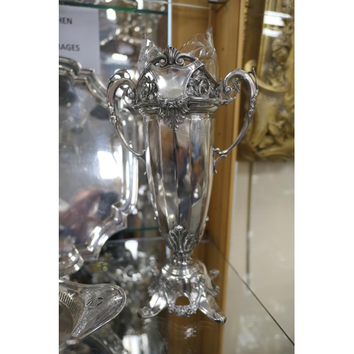 179 - Pair of Kaiser silver plated vases, circa 1910, each having a cut and shaped glass liner, with twin ... 