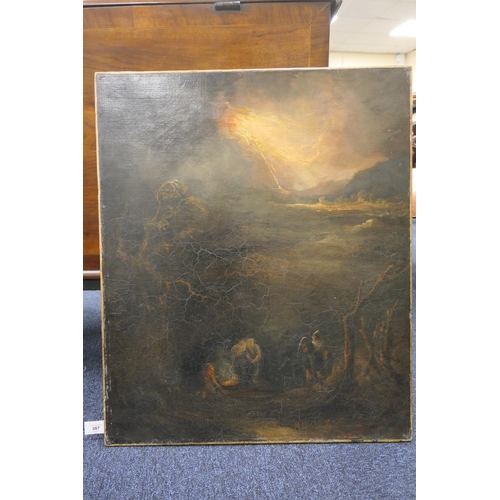 307 - In the style of John Martin, The Refuge, oil on relined canvas, 19th Century, unframed, 76cm x 64cm