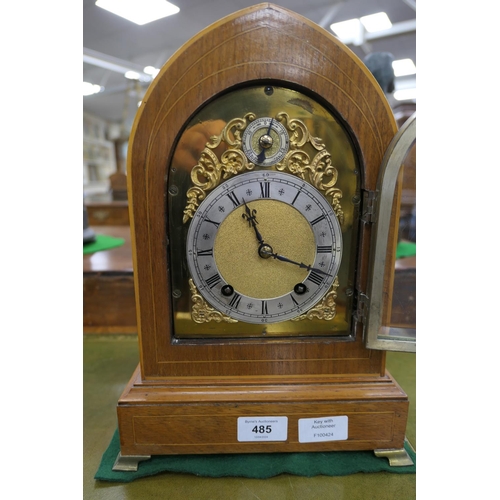 485 - Winterhalder & Hofmeier mahogany cased chiming mantel clock, the lancet shaped case enclosing a bras... 