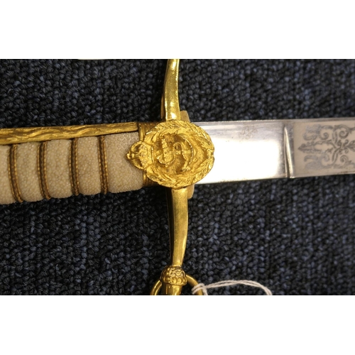 563 - George VI Naval officer's dress short sword, 45.5cm etched blade with royal and naval cyphers inscri... 