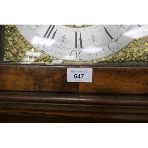 647 - John Greaves, Newcastle, walnut eight day longcase clock, mid 18th Century, the hood with cavetto mo... 