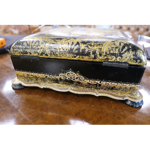 575 - Victorian gilded papier mache jewellery box, circa 1850, decorated with anthemion and with mother of... 