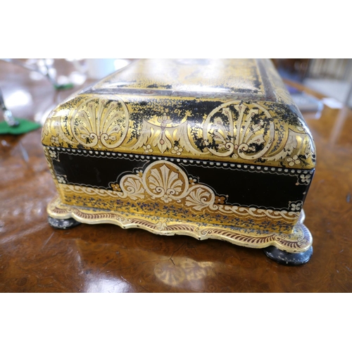 575 - Victorian gilded papier mache jewellery box, circa 1850, decorated with anthemion and with mother of... 