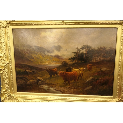 352 - William Langley (1852-1922), Highland cattle in a landscape, signed oil on canvas, 51cm x 75cm