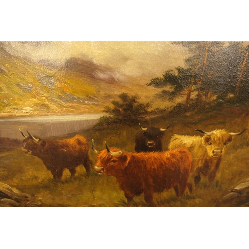 352 - William Langley (1852-1922), Highland cattle in a landscape, signed oil on canvas, 51cm x 75cm